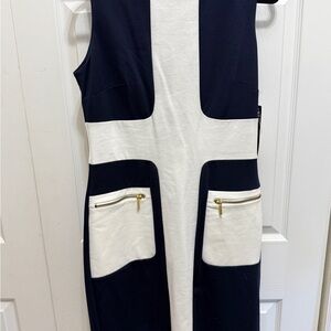 Sharagano Navy and White Sleeveless Colorblock Midi Dress with Front Zips